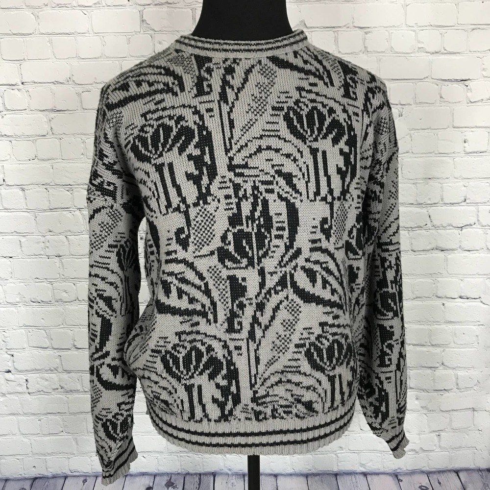 Vintage 80s Atlas Gray Black Sweater | Made in USA | Size X-Large